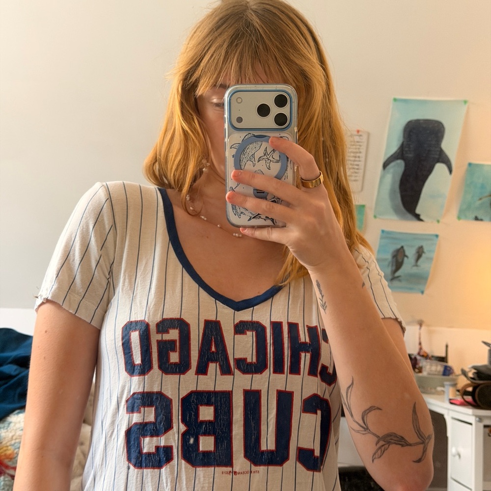 Chicago Cubs Striped V-Neck Tee - White & Navy